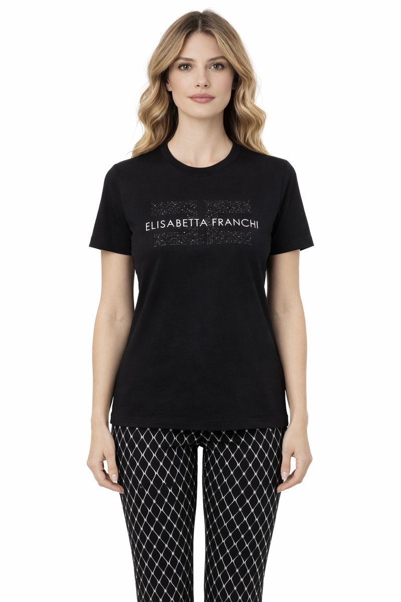 ELISABETTA FRANCHI CZARNY T SHIRT Z NAPISEM Z CEKINAMI BAWEŁNA 42 1I1D