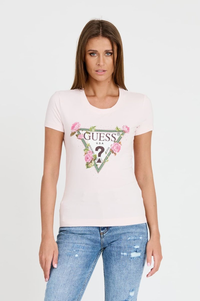 GUESS Różowy damski t-shirt Floral Triangle Tee S