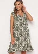 Sukienki - Zielono-Beżowa Bawełniana Sukienka w Stylu Boho na Ramiączkach z Falbanką Zaelle - miniaturka - grafika 1