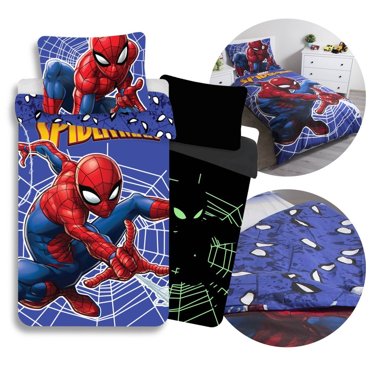 MARVEL SpiderMan Granatowa DWUSTRONNA, bawełniana pościel dziecięca na zamek, ŚWIECĄCA w ciemności 140x200cm+70x90cm OEKO-TEX