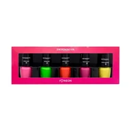Zestawy kosmetyków damskich - Dermacol Neon Nail Polish Set Zestaw lakier do paznokci Neon Sugar 26 5 ml + lakier do paznokci Neon Verde 39 5 ml + lakier do paznokci Neon Obsession 29 5 ml + lakier do paznokci Neon Purple Rain 41 5 ml + lakier do paznokci Neon Gold Digger 43 5 ml - miniaturka - grafika 1