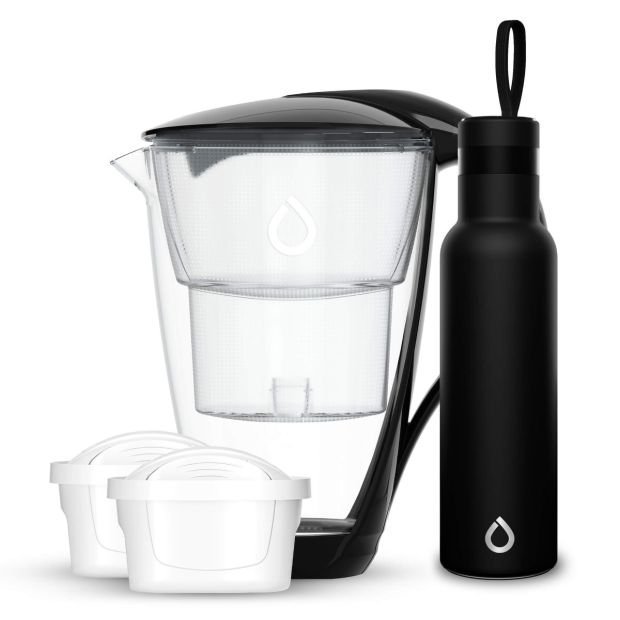 Dzbanek CRYSTAL Czarny LED 2 Wkłady unimax + Czarna Butelka Termiczna Easy