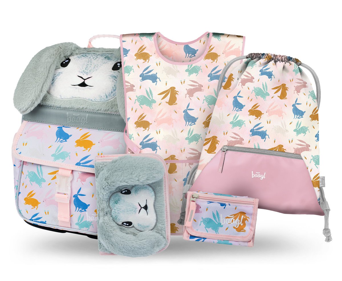 Zestaw Szkolny 5w1 BAAGL Tornister szkolny Zippy Króliczek Ergonomiczny 18L 28x37x17 cm Różowy dla dziewczynki + Piórnik, Worek na buty, Fartuszek, ..