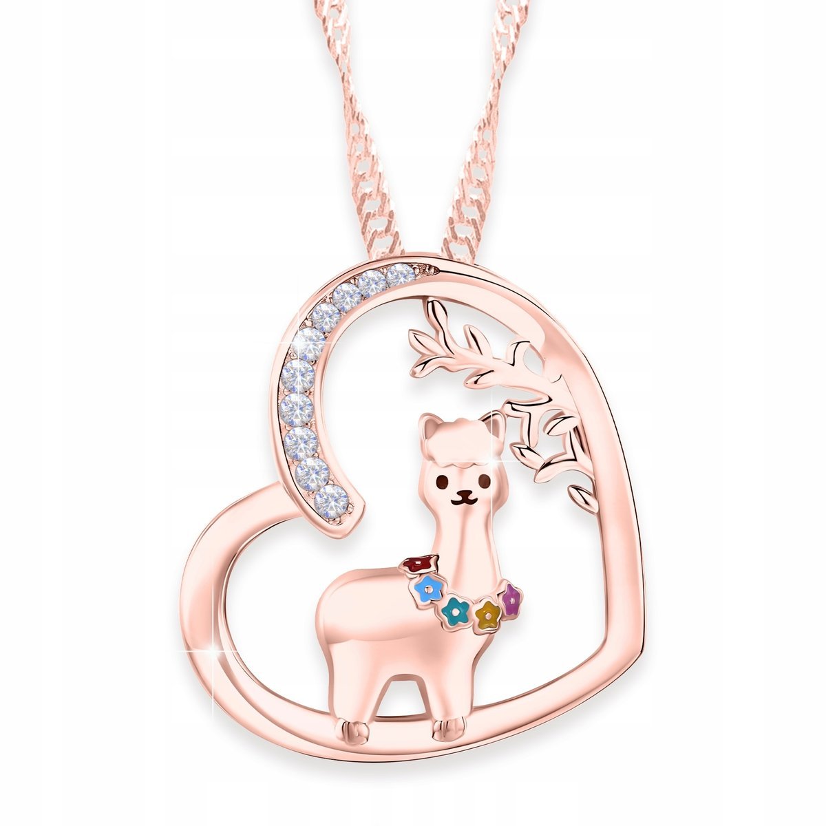 Naszyjnik Pozłacany z Lamą Alpaką Zwierzę Serce Cyrkonie Heart SREBRO 925