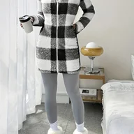 Kurtki damskie - TEMU Kobieca Kurtka w Kratę z Kapturem - Długa Kurtka na Zamek, Czarno-Biała/Szara/Beżowa Wzór w Kratę, Ciepła Odzież Wierzchnia na Jesień/Zimę, - miniaturka - grafika 1