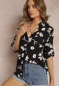 Koszule damskie - Czarna Koszula Typu Kimono z Bawełny i Wiskozy w Kwiatowy Wzór Carlania - miniaturka - grafika 1