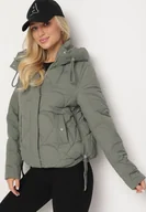 Kurtki damskie - Ciemnozielona Pikowana Kurtka o Pudełkowym Kroju z Kapturem i Ściągaczami Selizola - miniaturka - grafika 1