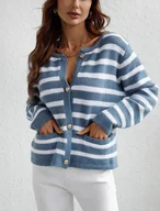 Swetry damskie - Zapinany na guziki sweter damski o klasycznym kroju w paski - Niebieski - miniaturka - grafika 1