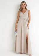 Sukienki - Jasnobeżowa Sukienka Rozkloszowana Maxi z Paskiem w Cyrkonie i Wycięciem Neorise - miniaturka - grafika 1