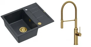 Quadron Zlewozmywak granitowy jednokomorowy 62*50*22 cm z ociekaczem MORGAN 116 BLACK DIAMOND ze złotym odpływem z baterią MARILYN Q LINE z wyciąganą wylewką kolor złoty - Zlewozmywaki z baterią - miniaturka - grafika 1