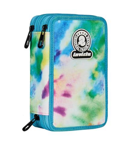 Invicta Piórnik szkolny z 3 suwakami, jasnoniebieski i fioletowy, potrójna przegródka, w komplecie z długopisami, ołówkami i markerami, akcesoria szkolne, akcesoria do plecaka, szkoły podstawowej,