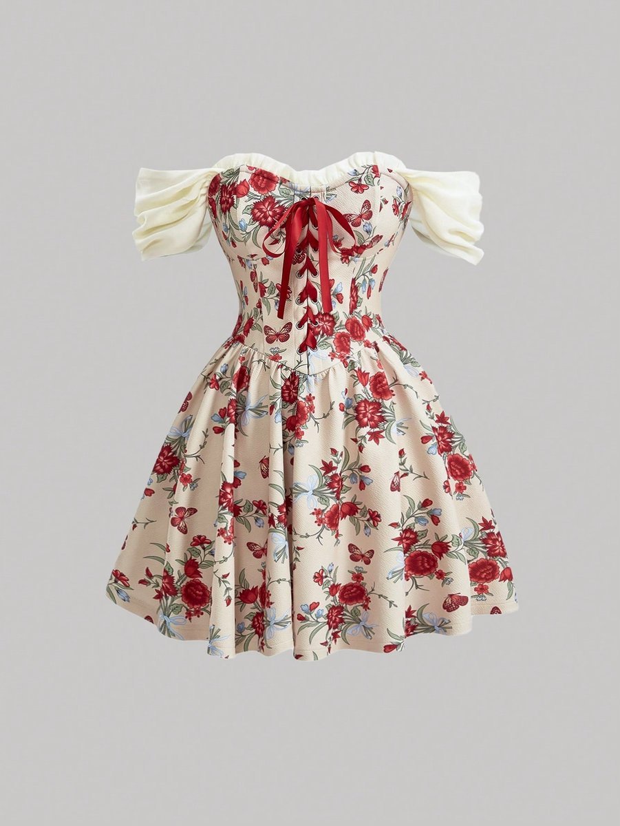 SHEIN SUKIENKA MINI DAMSKA W KWIATY ODKRYTE RAMIONA BEŻOWA 38 1KA