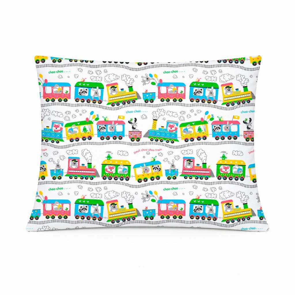 Poszewka bawełniana 70x80 biała w kolorowe pociągi, dziecięcy nowoczesny - COTTON HOME KIDS