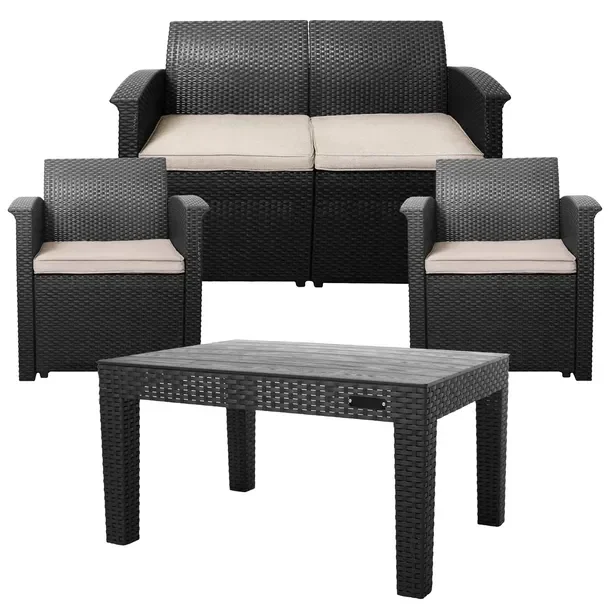 Zestaw Mebli Ogrodowych Komplet Sofa 2 Fotele Poduszki Stolik Technorattan