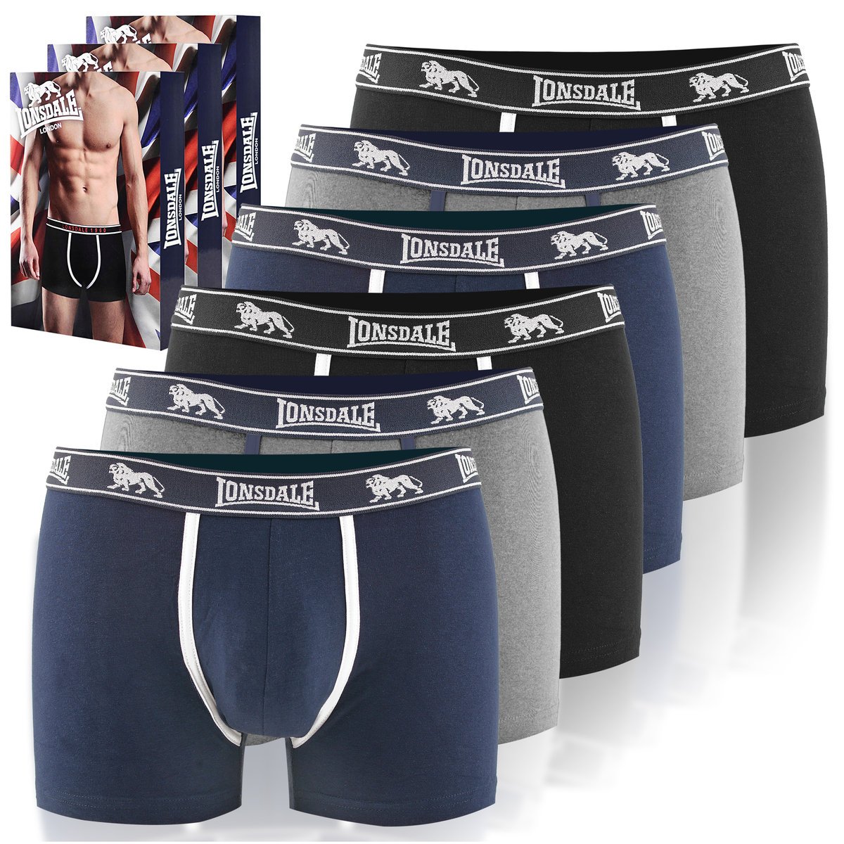 LONSDALE Bokserki Męskie 6 sztuk Bawełna Granatowe Szare Czarne Rozmiar M