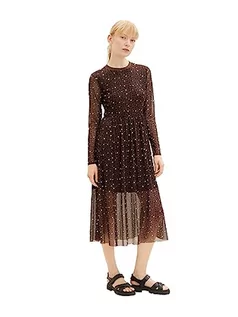 Sukienki - TOM TAILOR jeansowa damska sukienka siateczkowa ze wzorem, 34263-brązowy nadruk w kropki, XXL - grafika 1