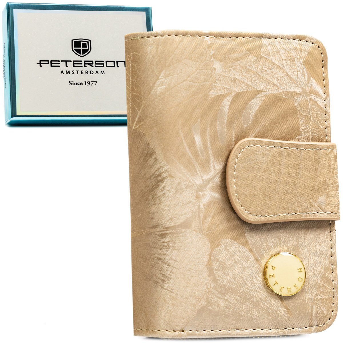Portfel damski z motywem roślinnym PETERSON skóra naturalna i ekologiczna rfid stop mały beżowy na zatrzask i suwak elegancki pudełko na prezent