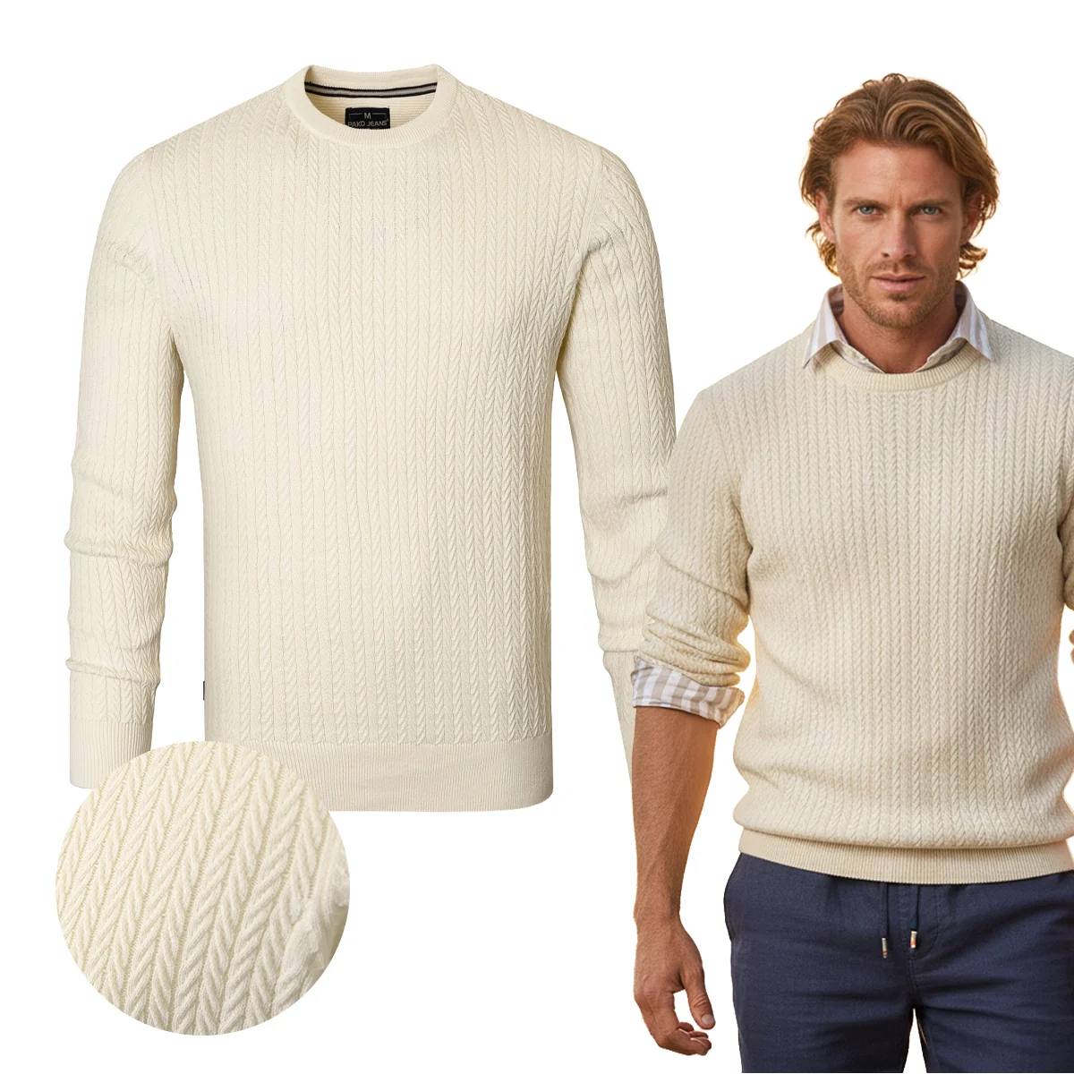 Elegancki SWETER Męski Bawełniany NICO KREMOWY Warkoczowy Splot Pako Jeans Elegancki SWETER Męski Bawełniany KREMOWY Warkoczowy Splot XL Pako Jeans