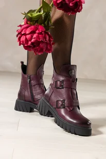 Bordowe botki workery skórzane damskie na bieżnikowanej platformie paski z klamrami stalowa ozdoba na języku PRODUKT POLSKI Casu 39517 - Botki damskie - miniaturka - grafika 1