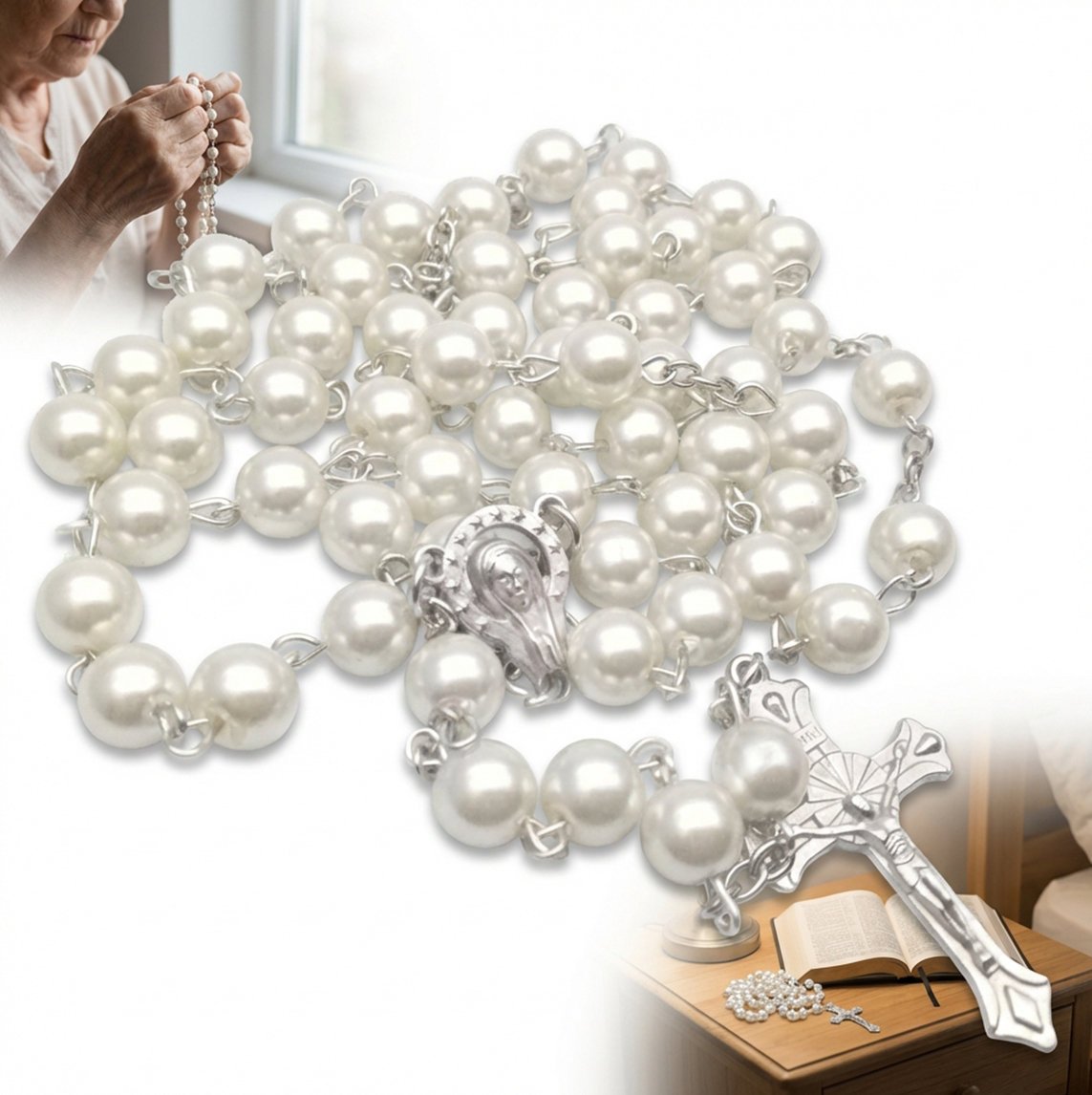 RÓŻANIEC PERŁOWY biały DUŻY z metalowym krzyżykiem do modlitwy klasyczny