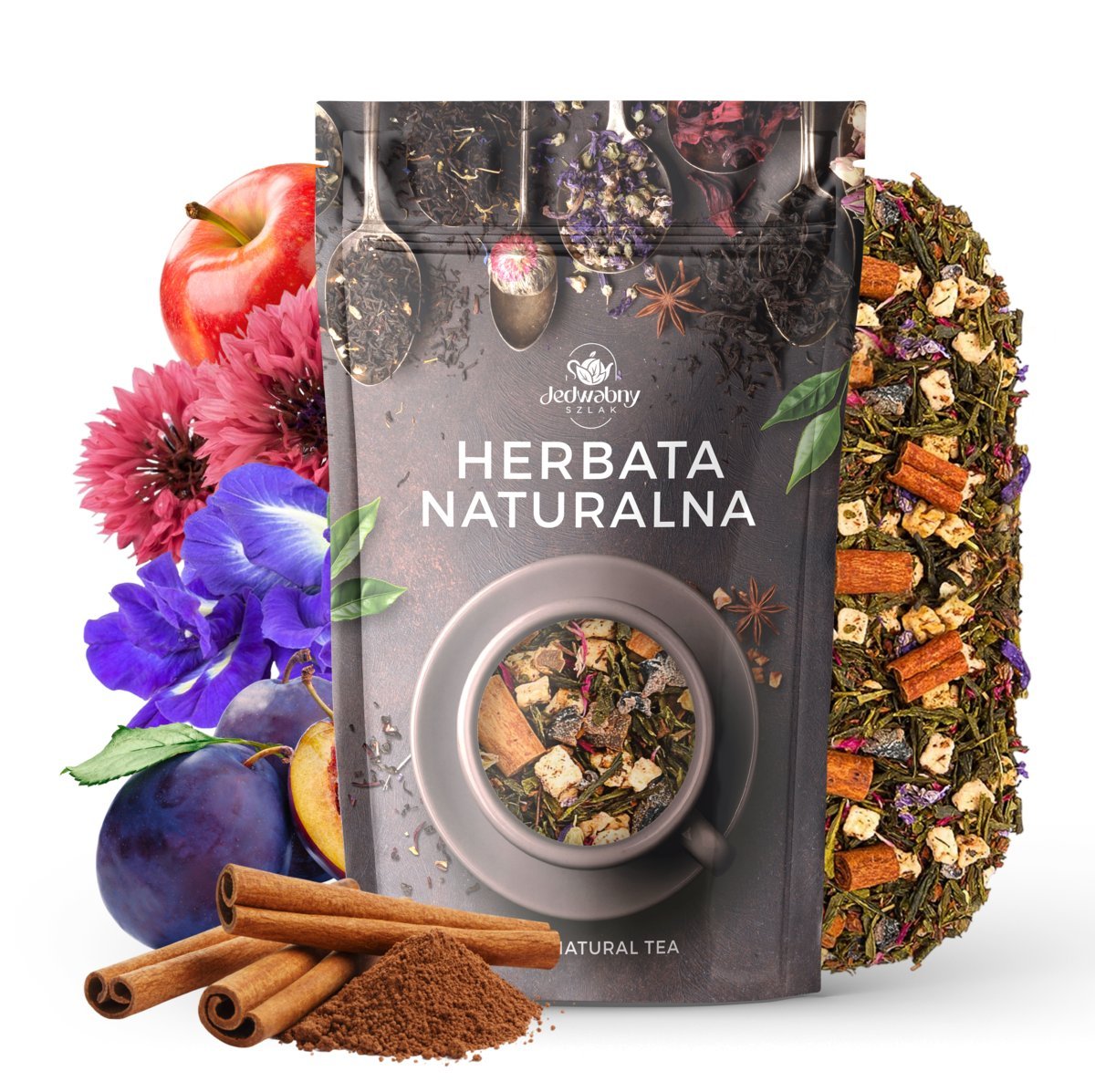 Herbata zielona Śliwki w Cynamonie 100g rooibos bławatek WYJĄTKOWA korzenna