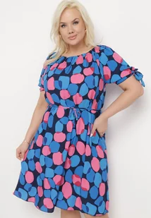 Niebieska Trapezowa Sukienka Bawełniana z Elastycznym Dekoltem i Sznurkiem w Talii Eeraphina - Sukienki - miniaturka - grafika 1