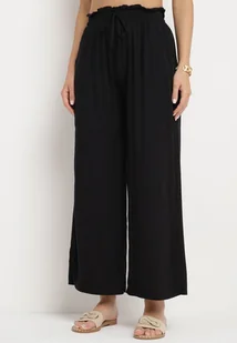 Czarne Szerokie Bawełniane Spodnie Palazzo z Wysokim Stanem i Elastyczną Gumką w Pasie Nelonia - Spodnie damskie - miniaturka - grafika 1