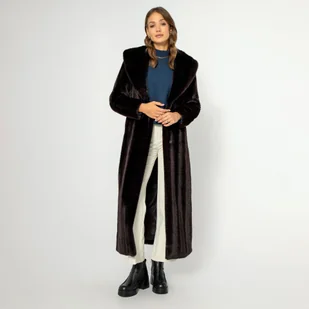 Damski płaszcz ze sztucznego futra klasyczny ciemny brąz - Płaszcze damskie Damski płaszcz ze sztucznego futra klasyczny ciemny brąz - Płaszcze damskie - miniaturka - grafika 1