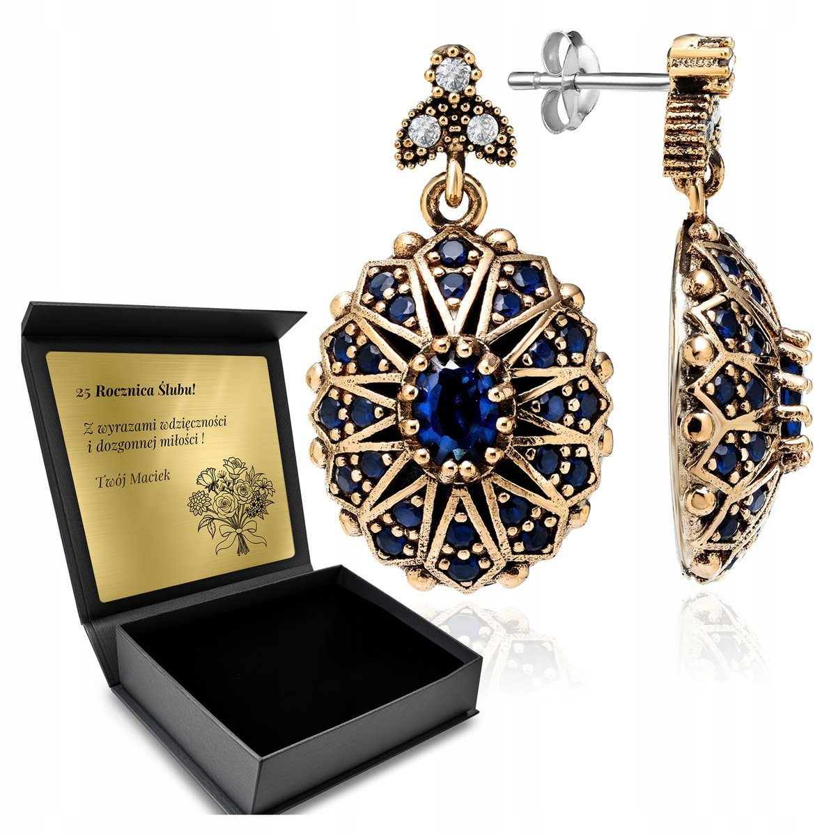 Kolczyki Srebrne 925 Cyrkonie Szafir Biżuteria Dla Kobiety + Grawer