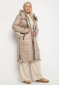 Kurtki damskie - Beżowa Przejściowa Kurtka Pikowana z Kapturem i Suwakami po Bokach Fesunela - miniaturka - grafika 1