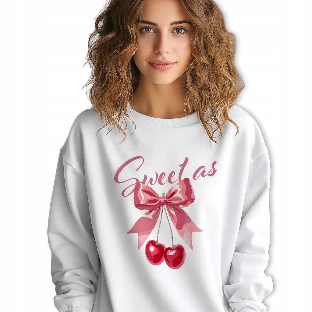 Biała Bluza Damska Dresowa SWEET AS CHERRY Zabawne Wzory Rozmiar M