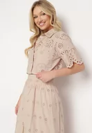 Koszule damskie - Jasnobeżowa Ażurowa Koszula z Bawełny na Guziki z Naszytymi Kieszeniami Tesalin - miniaturka - grafika 1