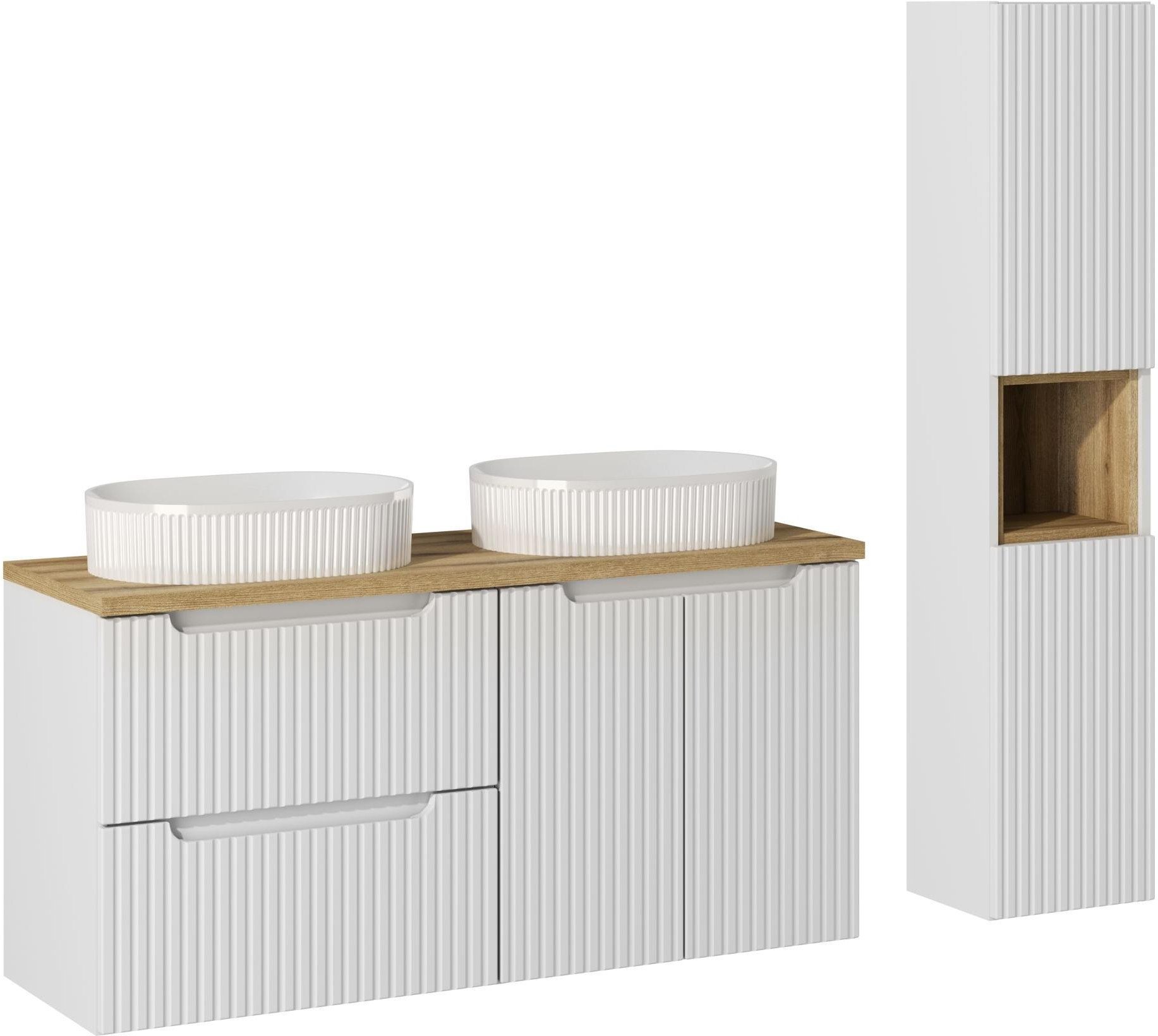 Zestaw meblowy 120cm z umywalkami nablatowymi i szafką wysoką