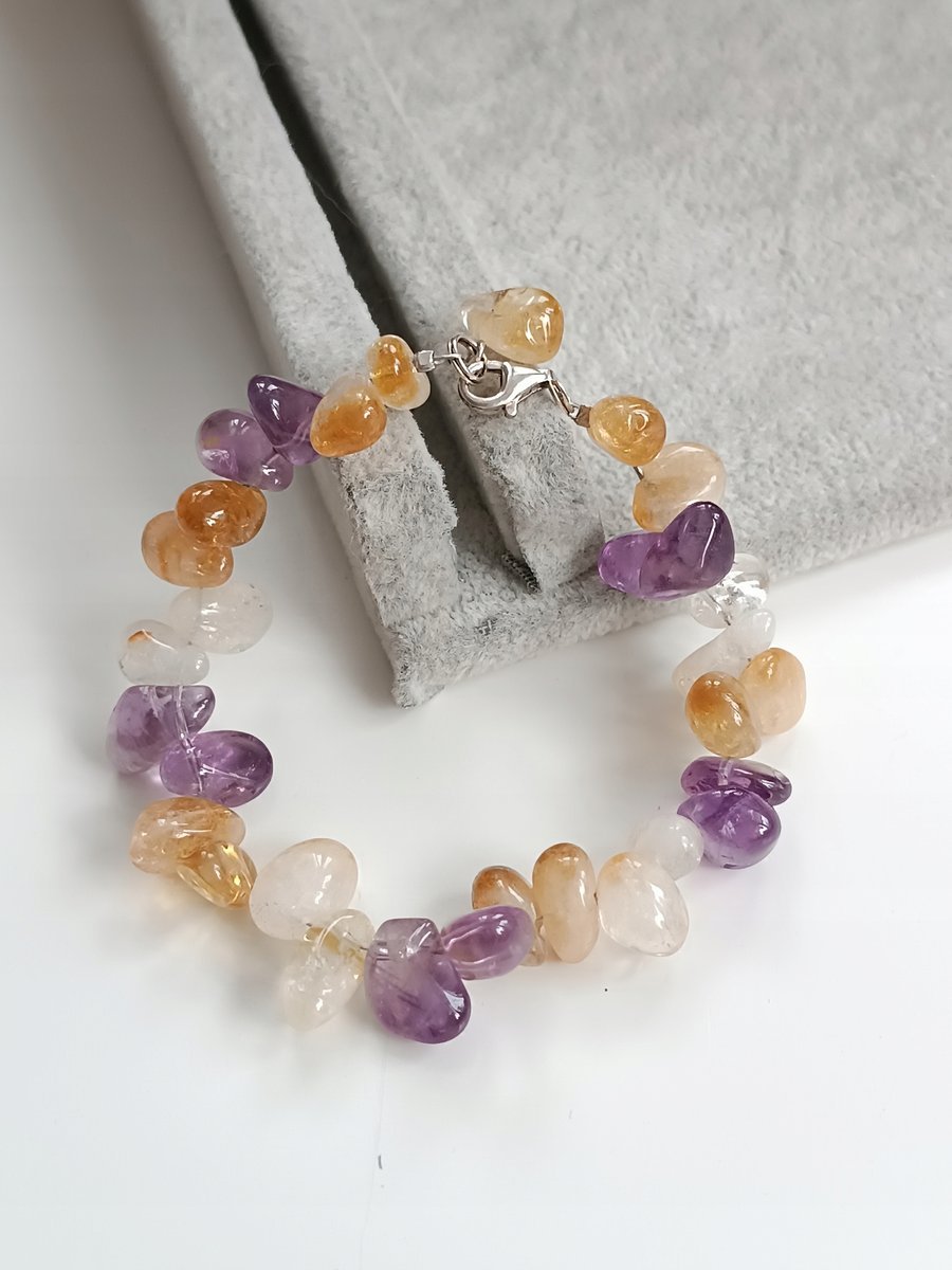Ekskluzywna dłuższa bransoletka fiolet żółty ametyst cytryn 21cm