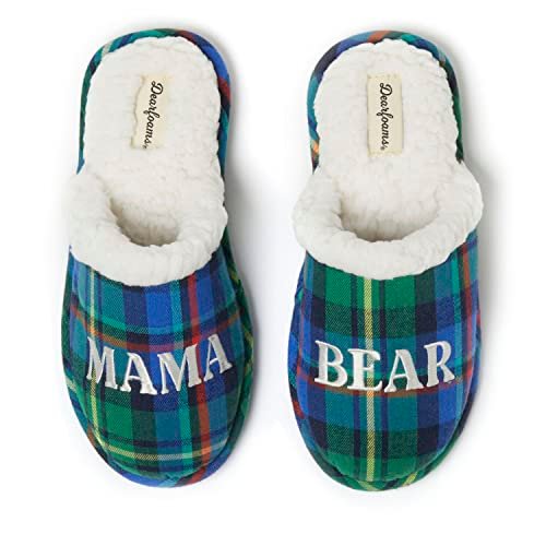 Dearfoams Damskie Kapcie Niedźwiedzia Mama, Zielony/Kratki, Medium, Zielony w kratkę, Medium