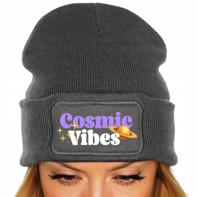 CZAPKA Jesienna BAWEŁNIANA ZIMOWA Ciepła Szara BEANIE COSMIC VIBES Wzory