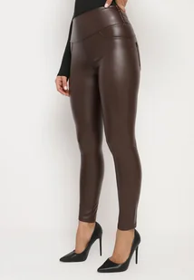 Brązowe Legginsy z Imitacji Skóry i Kieszeni z Wysokim Stanem Olabria - Legginsy - miniaturka - grafika 1