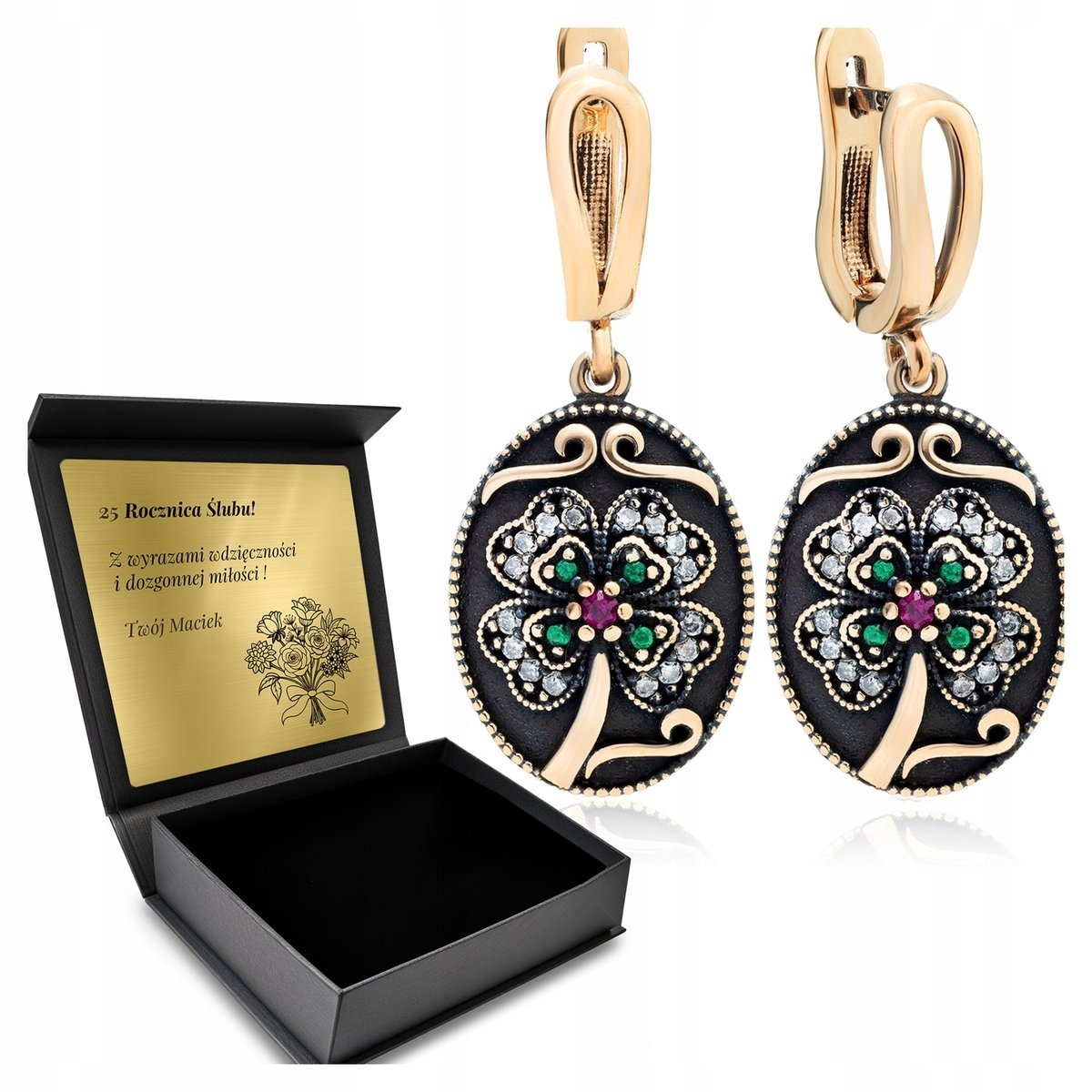 Kolczyki Srebrne 925 Cyrkonie Biżuteria Dla Kobiety Koniczyna Grawer