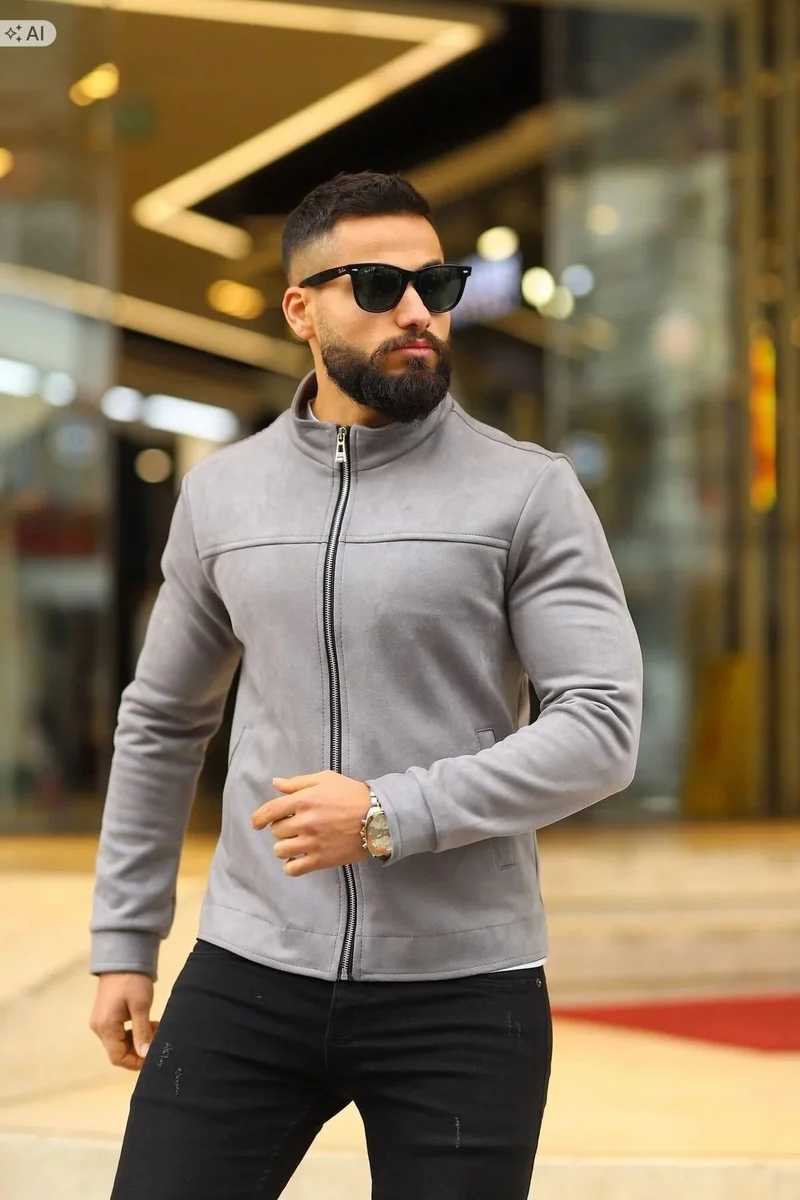 GŁADKA KURTKA MĘSKA ZAMSZOWA SPORTOWA SZARA ZIP XXL 5IA