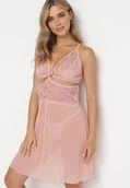 Bielizna nocna - Różowa Koronkowa Koszula Nocna z Wycięciami i Stringami Jaxciee - miniaturka - grafika 1