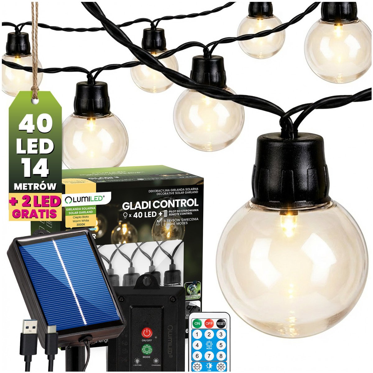 Lumiled Girlanda Solarna Ogrodowa 40 LED Ozdobne Kuleczki 13,64m 3000K Ciepła + Pilot GLADI CONTROL