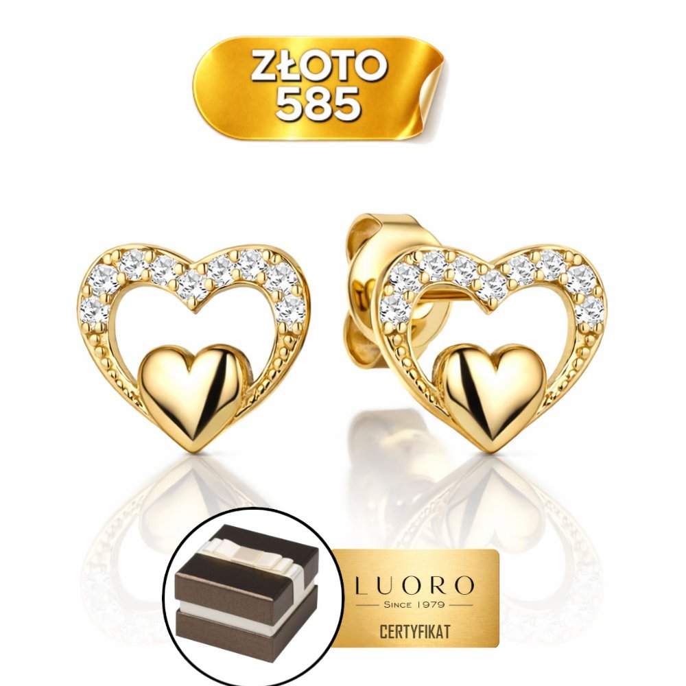 KOLCZYKI ZŁOTE 585 14K SERCE Z CYRKONIĄ SZTYFT DELIKATNE 0,01G