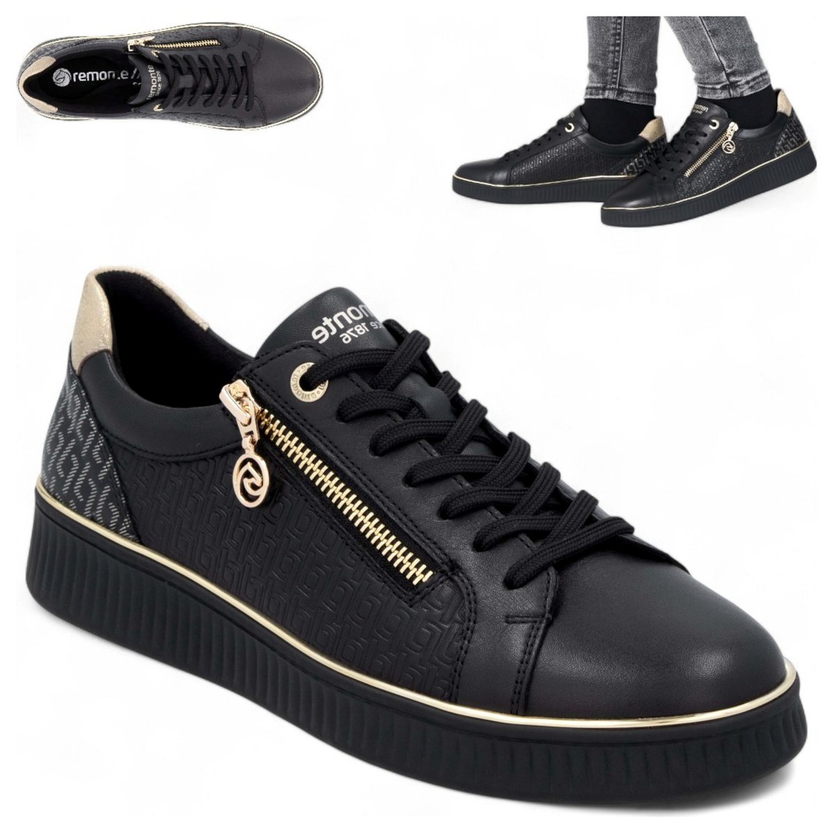 Półbuty Damskie Skórzane Wygodne Sneakersy na platformie Remonte Czarne 38
