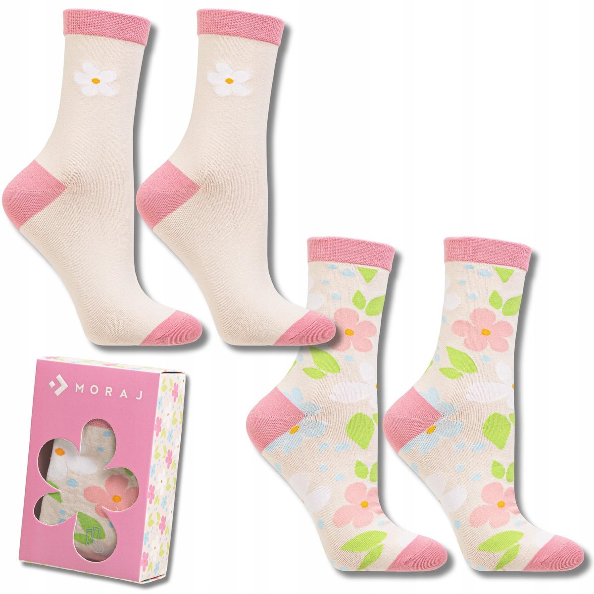 DŁUGIE SKARPETY DAMSKIE W PUDEŁKU SKARPETKI W KWIATY 2-PAK MORAJ 38-41