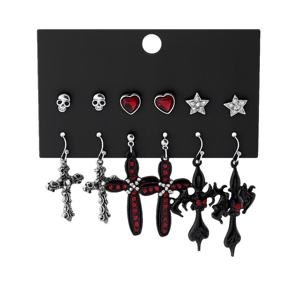 Zestaw Gotyckich Kolczyków 6 Par Kolor Srebrny z Czerwonym