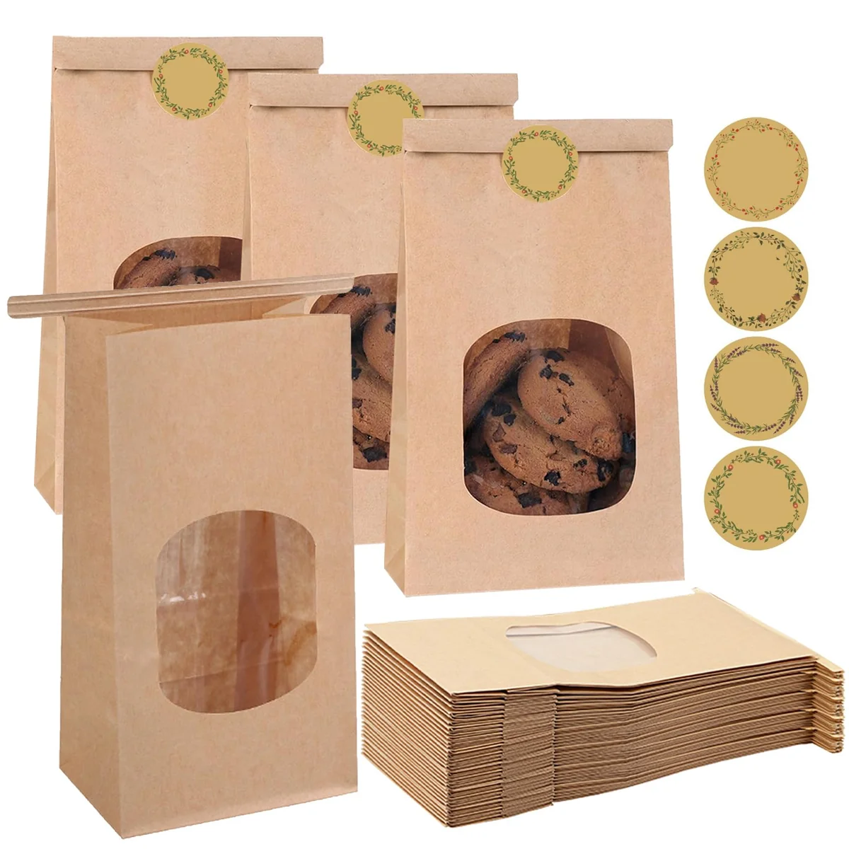 QingWing 30 szt. Torba papierowa Kraft z okienkiem wielokrotnego użytku, 9 x 6 x 17 cm Torby papierowe z 48 naklejkami, stojak Ziplock, na orzechy, ..