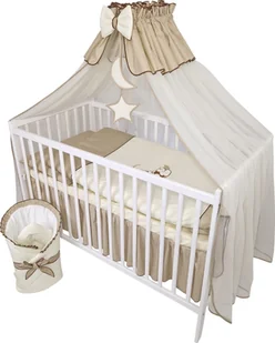 Pościel dziecięca komplet 11 sztuk bez łóżeczka do łóżeczka w rozmiarze 70x140 wykonana w 100% z bawełny z haftem misia na księżycu wraz z moskitierą w kolorze ciemnobeżowym - Pościel dla dzieci - miniaturka - grafika 1