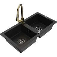 Zlewozmywaki z baterią - Mexen Mario zlewozmywak granitowy 2-komorowy z baterią kuchenną Elia, czarny - miniaturka - grafika 1