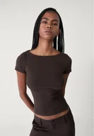 Koszulki i topy damskie - Stradivarius Koszulka z dekoltem łódką Brązowy S - miniaturka - grafika 1