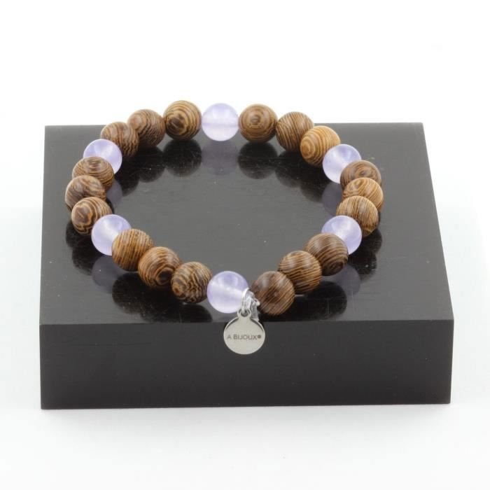 Kamienie i minerały. Bransoletka z koralików lawendowego chalcedonu + drewno 8 mm. Wyprodukowano we Francji.